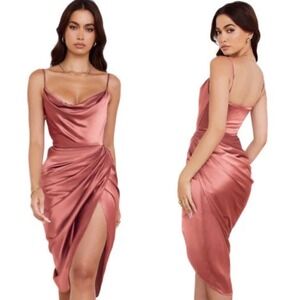 House of CB London Reva Gathered Corset Dress Womens Size Small Pink Satin Midi